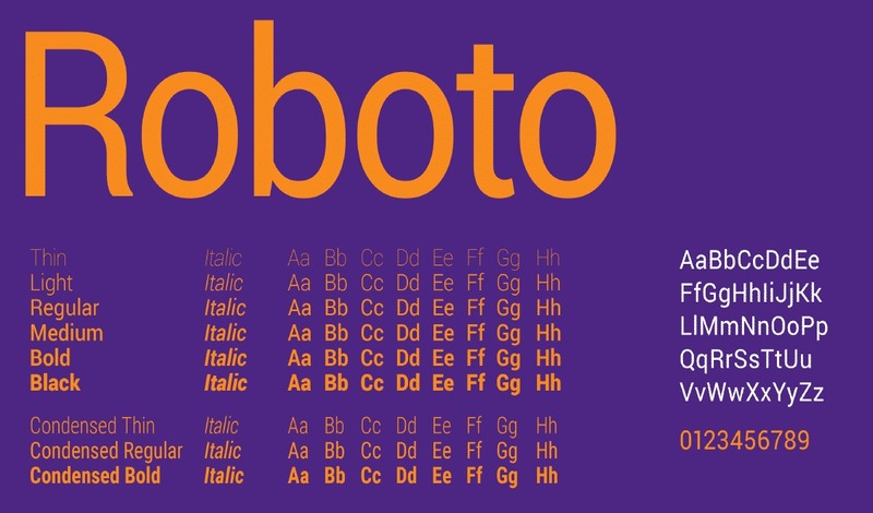 Roboto font family showing different weights and styles